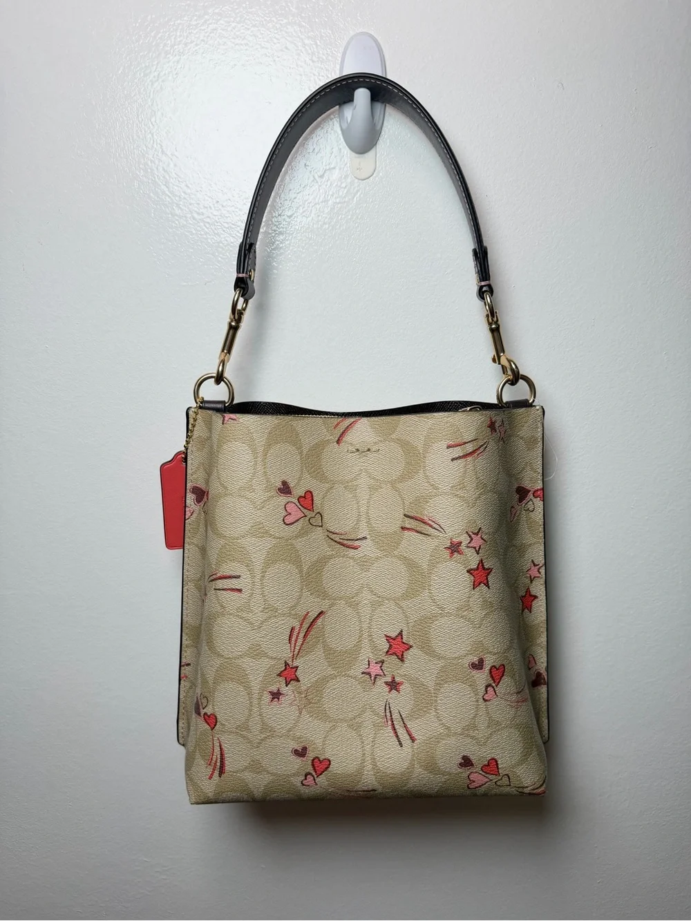 Coach Beige Signature Canvas Tote with Pink & Red Heart Print